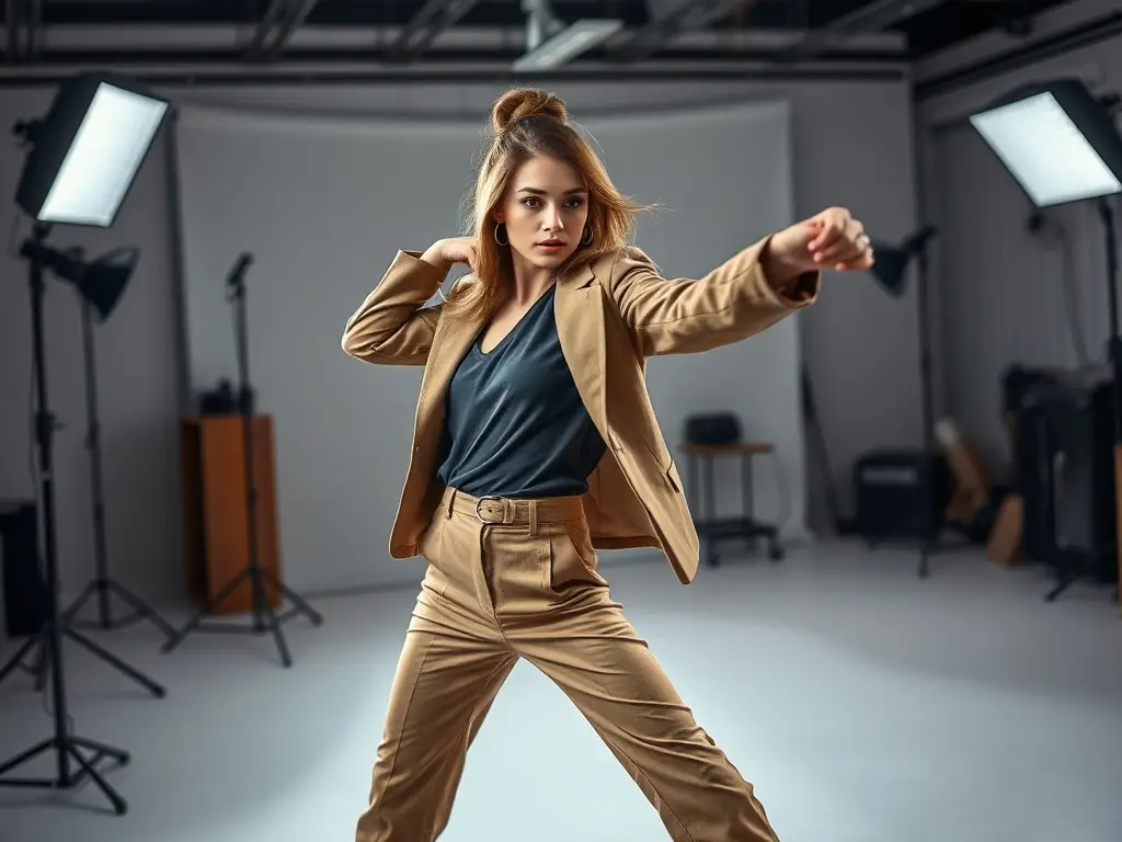 A professional photographer capturing a model wearing a stylish outfit in a studio setting, showcasing the lookbook photography service.